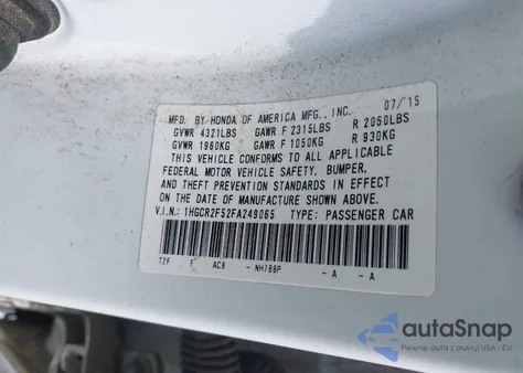 2015 Honda Accord Sport z USA, uszkodzony, nr VIN 1HGCR2F52FA249065